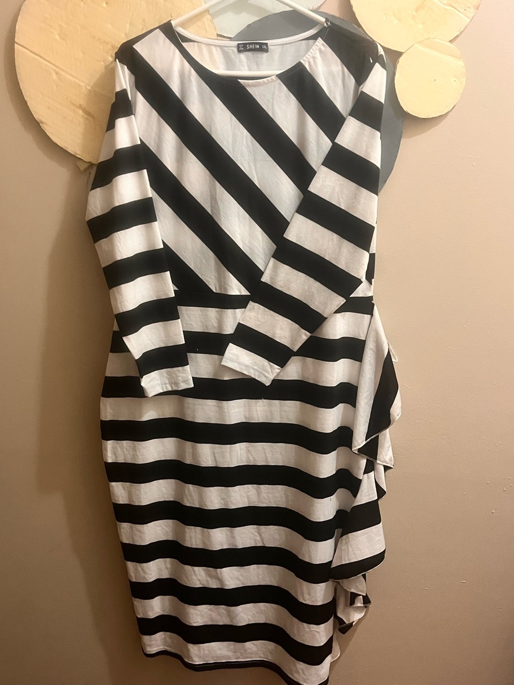 SHEIN Black & White Striped Long Sleeve Ruffle-Side Midi Dress